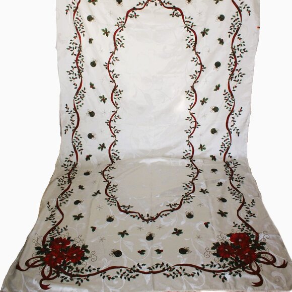 Vintage Poinsettia Holly Berries Holiday Fabric Rectangle Tablecloth 114" X 58" - Picture 1 of 10